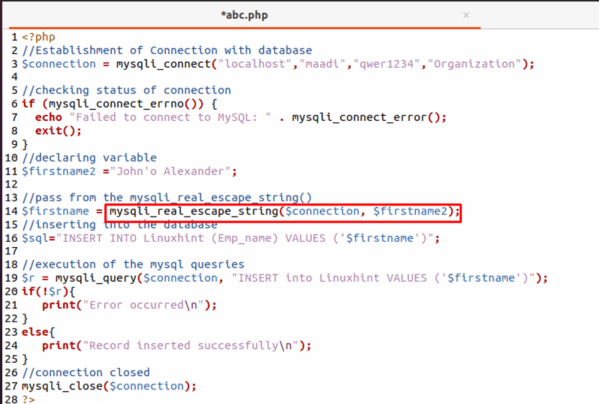 mysqli_real_escape_string() Function