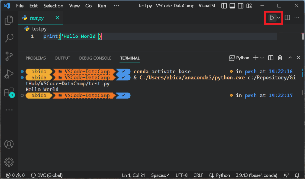 Schermata di un file Python aperto in Visual Studio Code