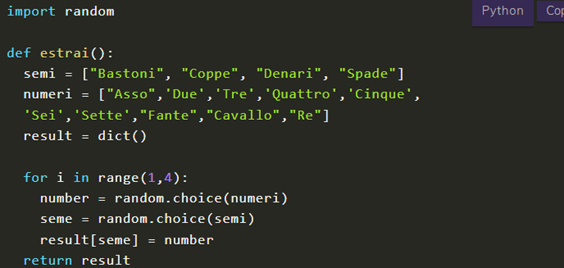 Codice Python che mostra chiavi e valori in un dict